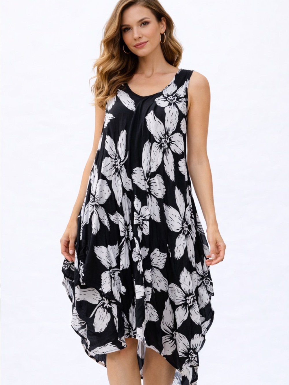 Ace Fashion Black White Floral‎ Flowy Dress Free Size Boho Lagenlook